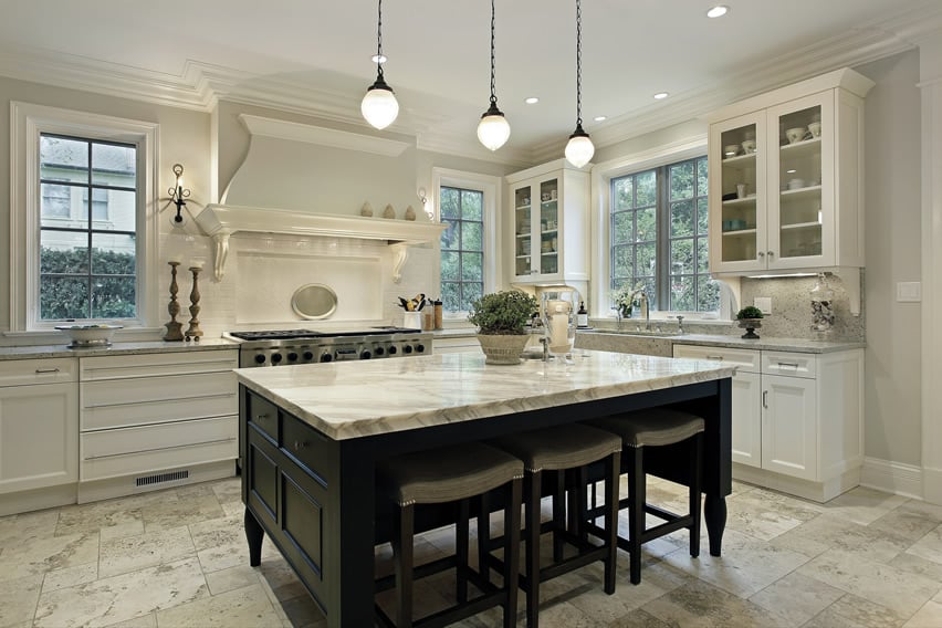 Light dove gray colored walls with white moldings in a spacious kitchen