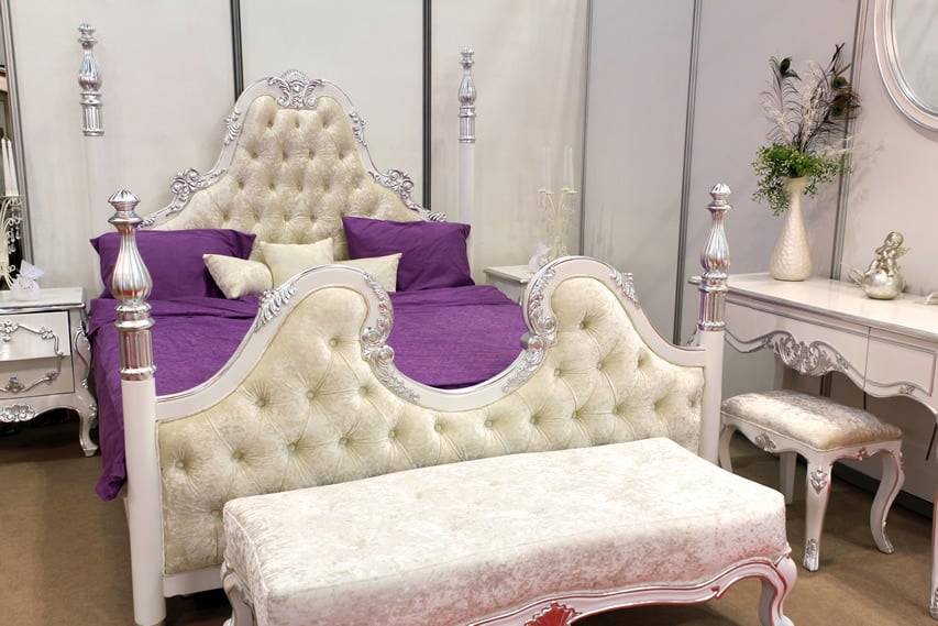 White purple themed luxury bedroom plush bedframe