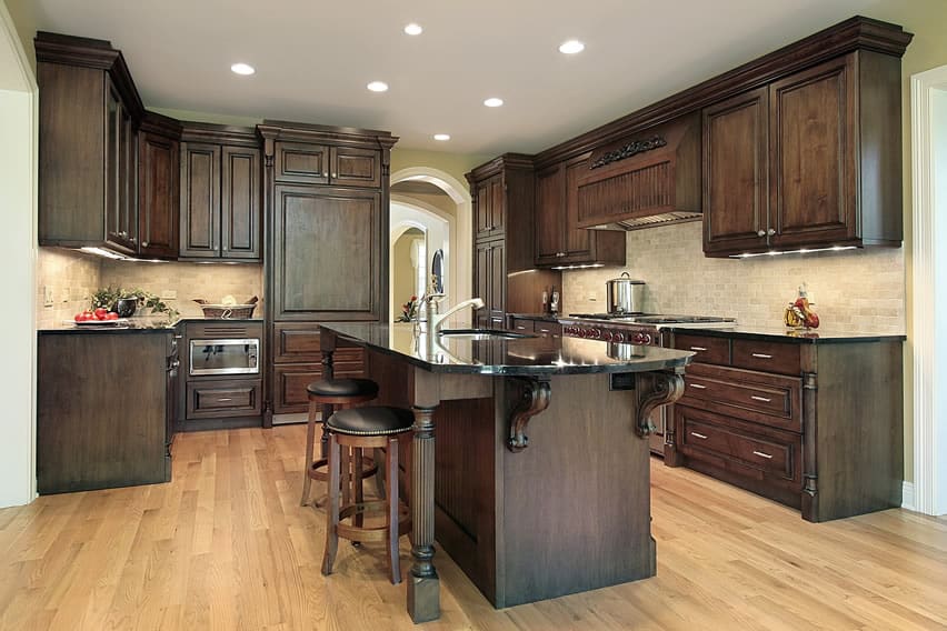 Dark Cabinet Kitchen With Black Counters 