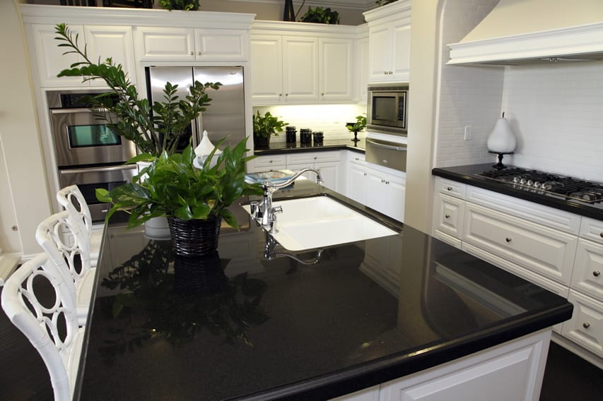 Black and white kitchen with black quartz counter 