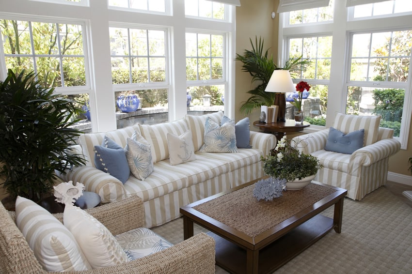 Decorated sunroom in upscale home