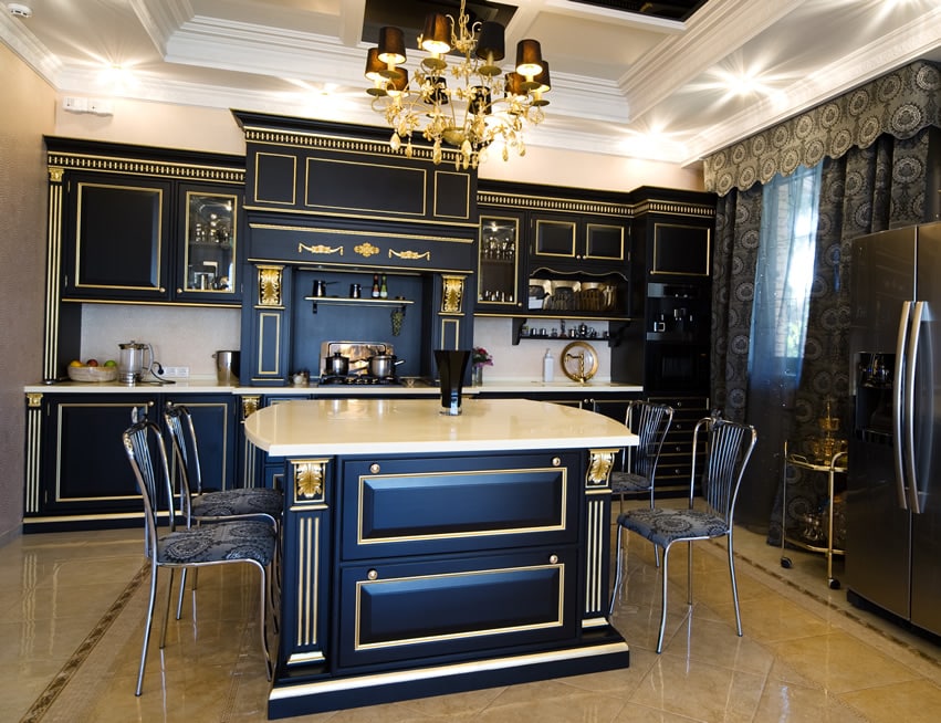 Detailed gold trim kitchen island in luxury house