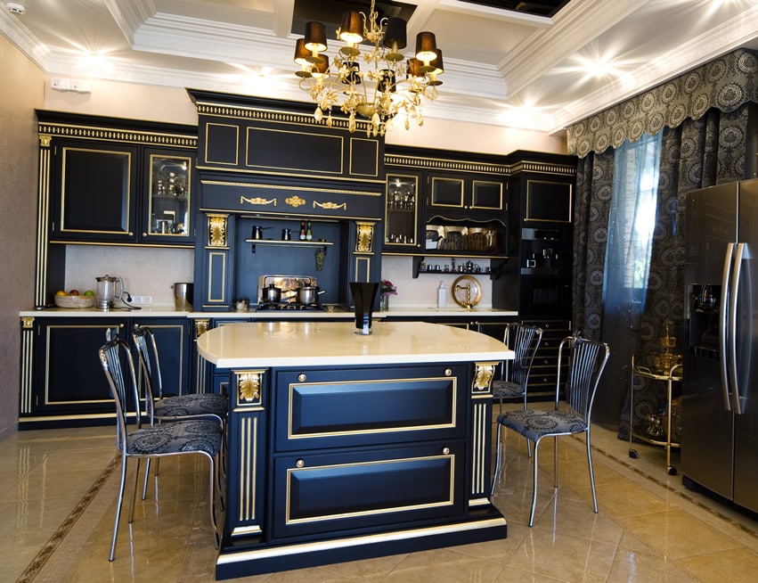 Empire style kitchen with gold mouldings and island