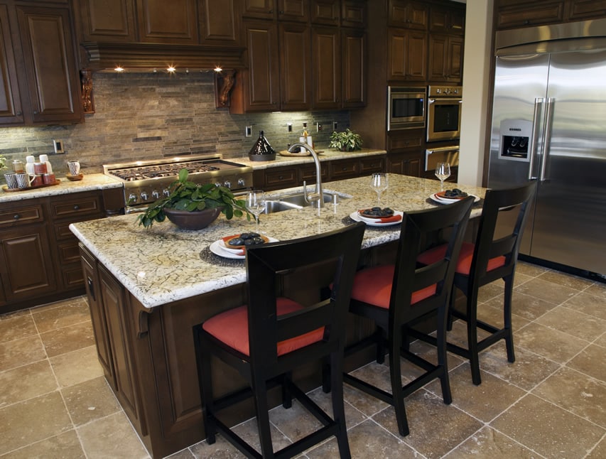 Eat in dining island with stone backsplash