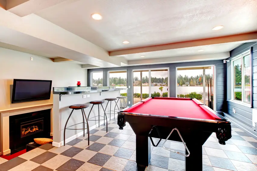 Bar with red pool with view of the lake