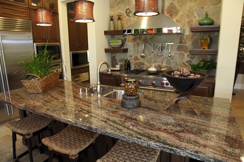 Kitchen island with streaked granite counter