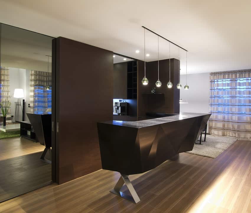 Modern black home wet bar with pendant lighting and black quartz counter