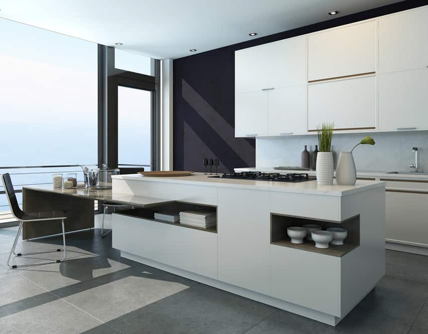 modern white kitchen island with attached dining area