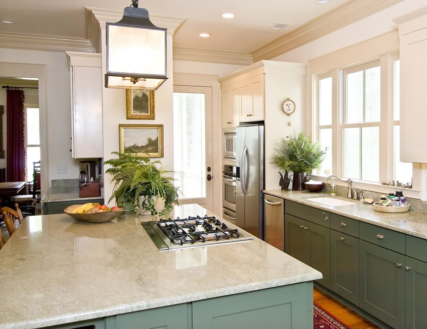 Painted green cabinet with table top stove