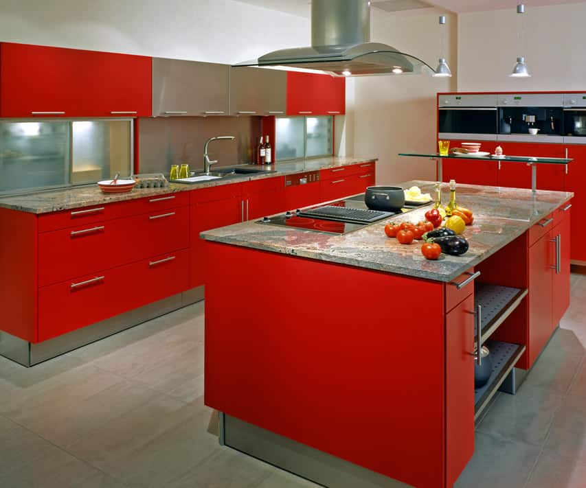 Red modern kitchen island with stainless oven hood