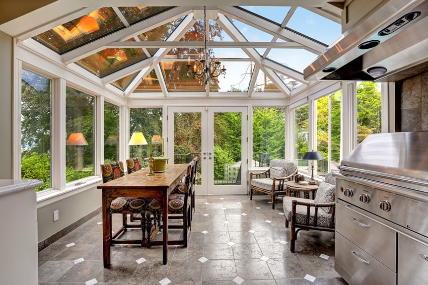 Sunroom with glass ceiling and walls 