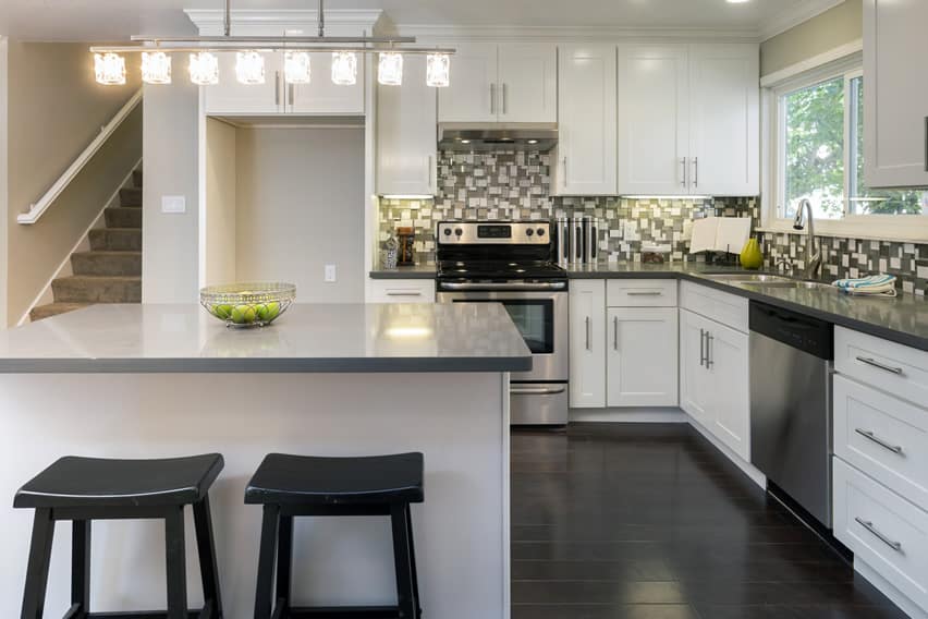 Contemporary kitchen design with small island white cabinets and mosaic tile backsplash