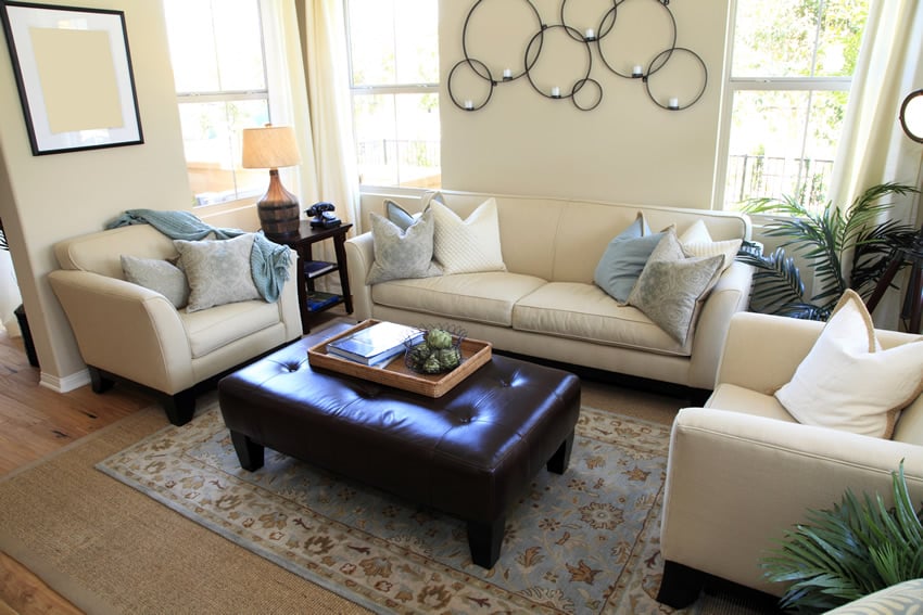 Room with leather ottoman, potted palms and brown and blue colored carpet