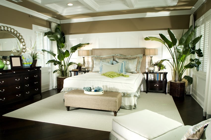 Elegantly decorated master bedroom with dark hardwood floors