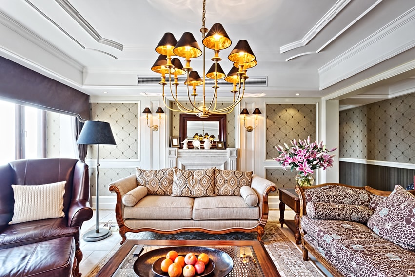 Elegantly furnished living room with decorative ceiling