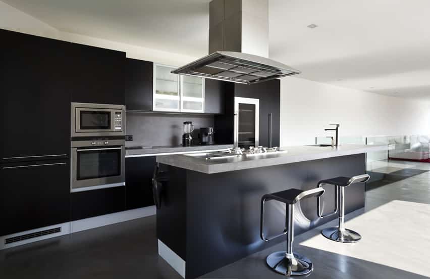 Kitchen with matte black theme and gray counters