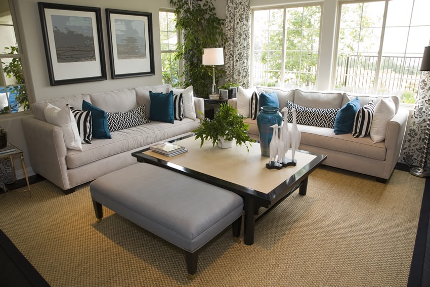 Room with laminated wood table, grey couch and ornamental plants