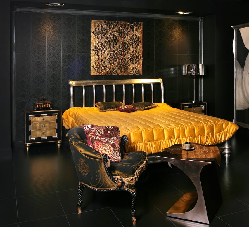 Asian Inspired gold and black bedroom design