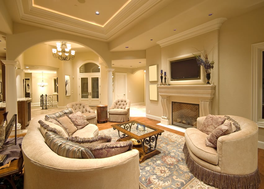 Grand living room with elegant decor and tray ceiling