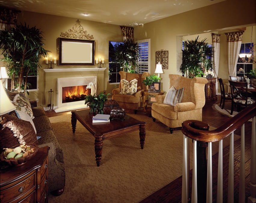 Country style room with couches of different shades of brown