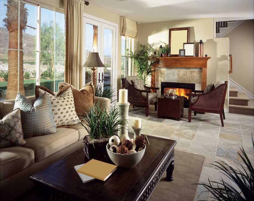 Room with wengue center table, light brownish carpet and stone tiles