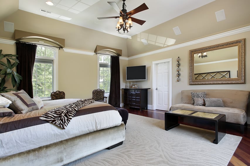 Master bedroom with tray ceiling and patterned rug