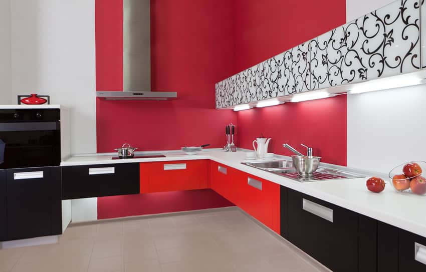 Kitchen with matte red corner wall, and mounted rectangular box light with swirly patterns