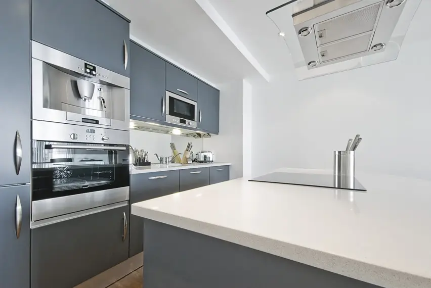 Modern kitchen with gray cabinets and white counter