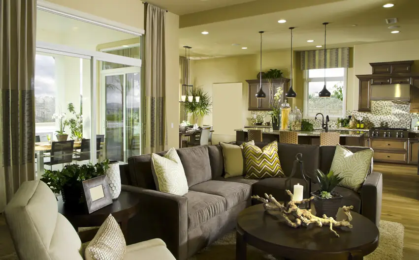 Room with dark gray sofa and matched with light green cushions