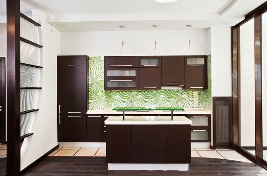 New modern kitchen with brown and white theme and green back splash