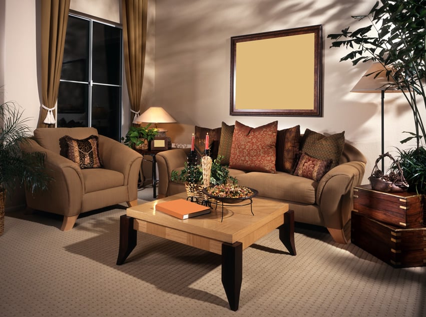 Richly decorated living room with a brown theme