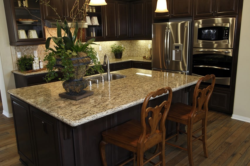 Rectangular counter with sink and dark wengue base