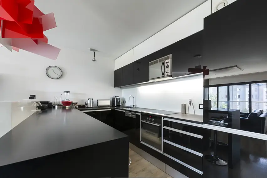 Ultra modern black u-shaped kitchen with red art fixture