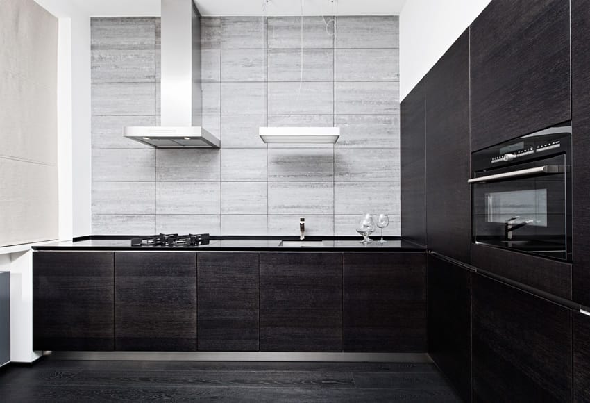 Ultra modern kitchen with black cabinets and gray accent wall