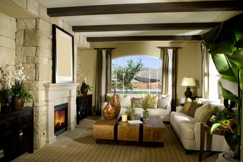 Warm living room with exposed beams
