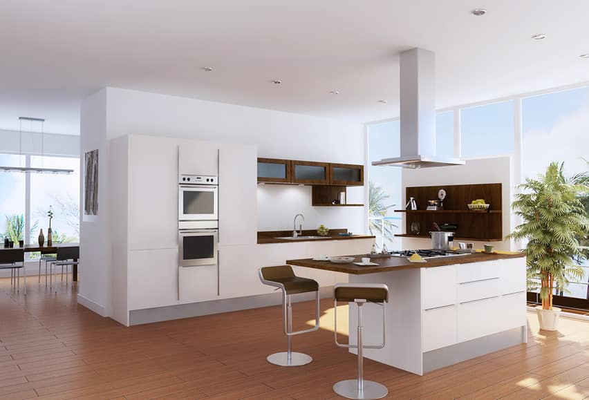 Kitchen with white divider, island with oakwood counter