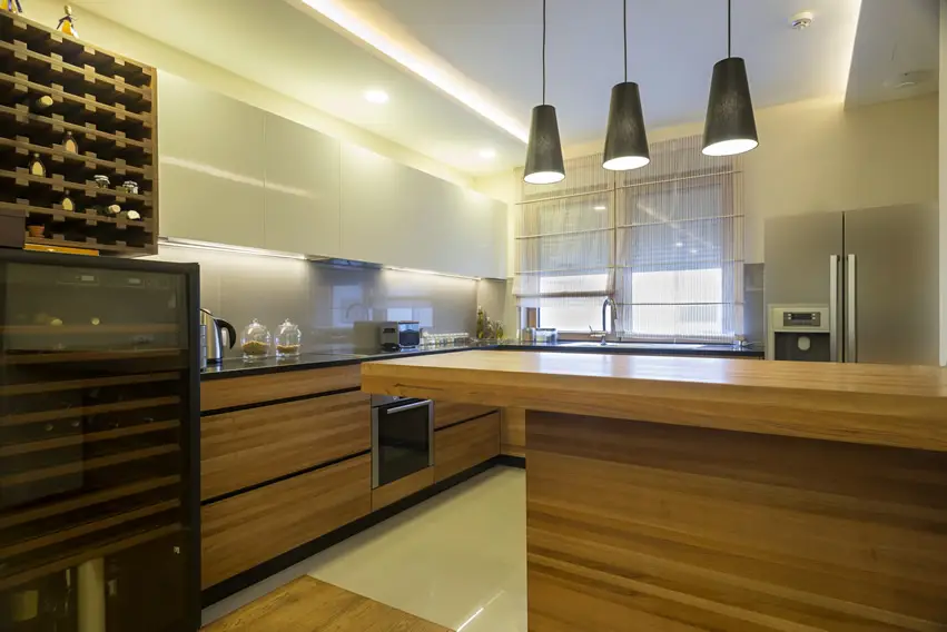 Wood counter kitchen with wine fridge