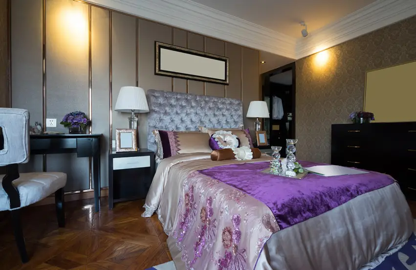 Designer bedroom with floral bed spread