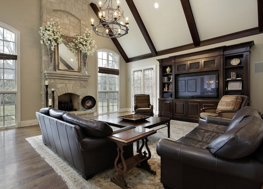 Family room with leather couches and stone fireplace