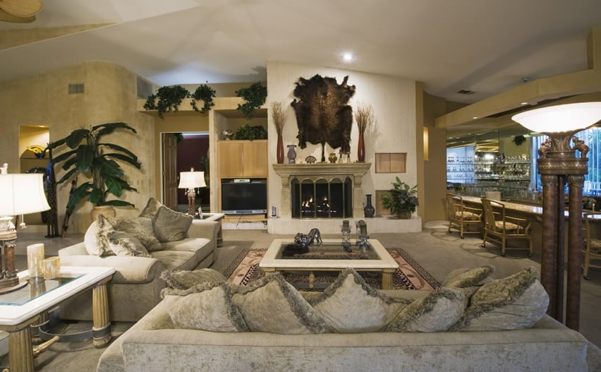 Fully decorated living room with wet bar