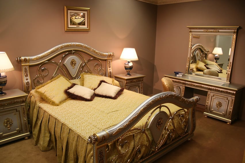 Gold and silver inlay bedroom set with gold bedding
