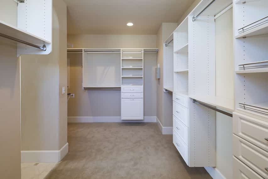 Large walk in closet with carpet and a tan color