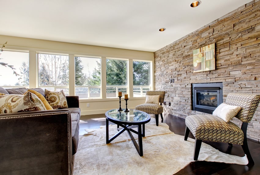Living room with attractive stone accent wall