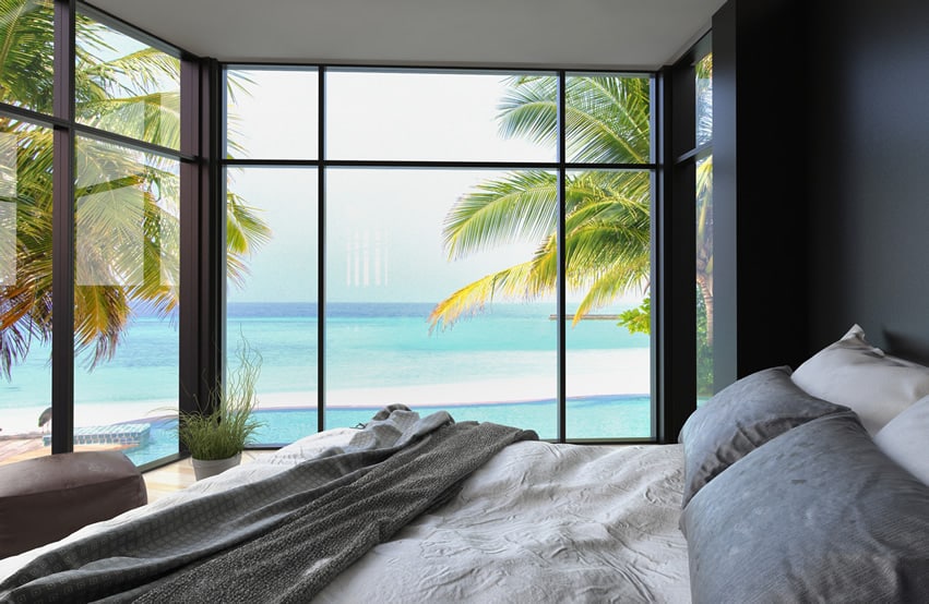Ocean front bedroom with large windows