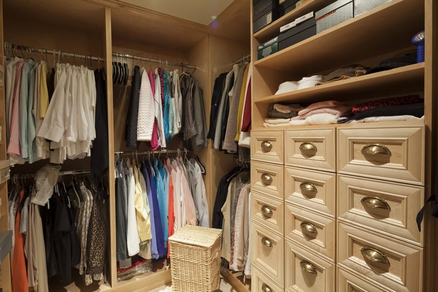 Walk in closet with clothing and large chest of drawers