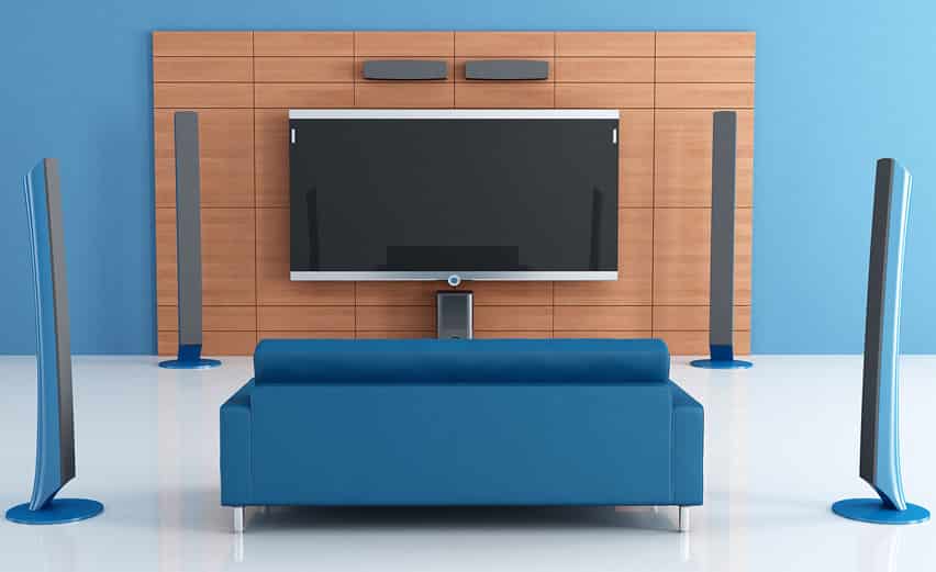 Blue home theater room with surround sound
