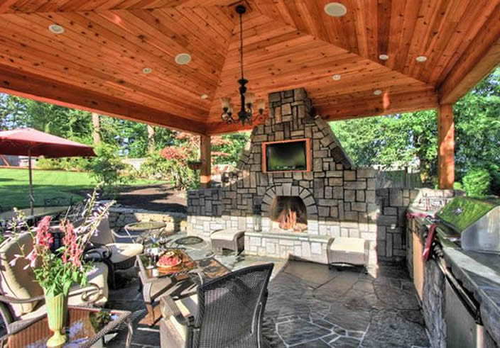 Covered patio with fireplace and outdoor kitchen