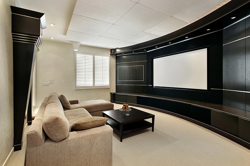 Home theater with black curved wall screen