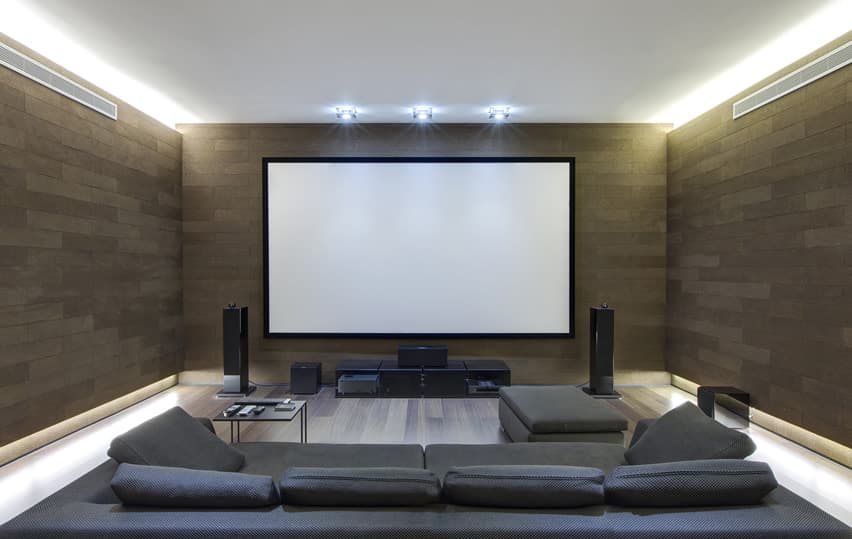 Home theater room with surround sound stereo