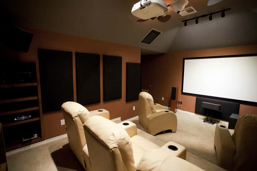 Home theater with cream color reclining seats
